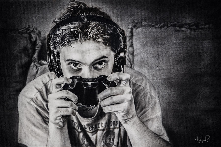 The Gamer Charcoal Drawing Drawing by Shayla Bowen