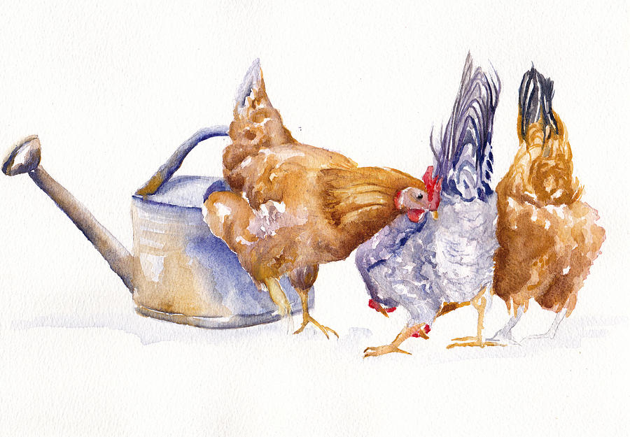 The Garden Girls - Hens and Chickens Painting by Debra Hall