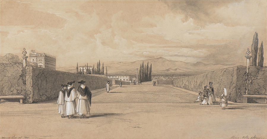 The Gardens of the Villa Albani Drawing by Edward Lear