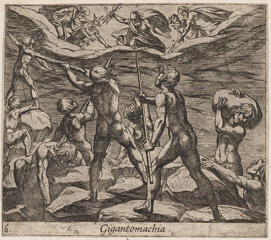 The Giants Attempting to Storm Olympus. Gigantomachia Drawing by Antonio Tempesta