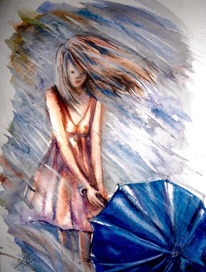 The girl with a blue umbrella Painting by Katerina Kovatcheva