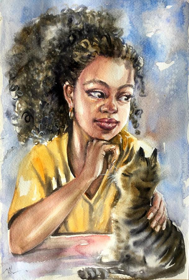 The girl with a cat Painting by Katerina Kovatcheva