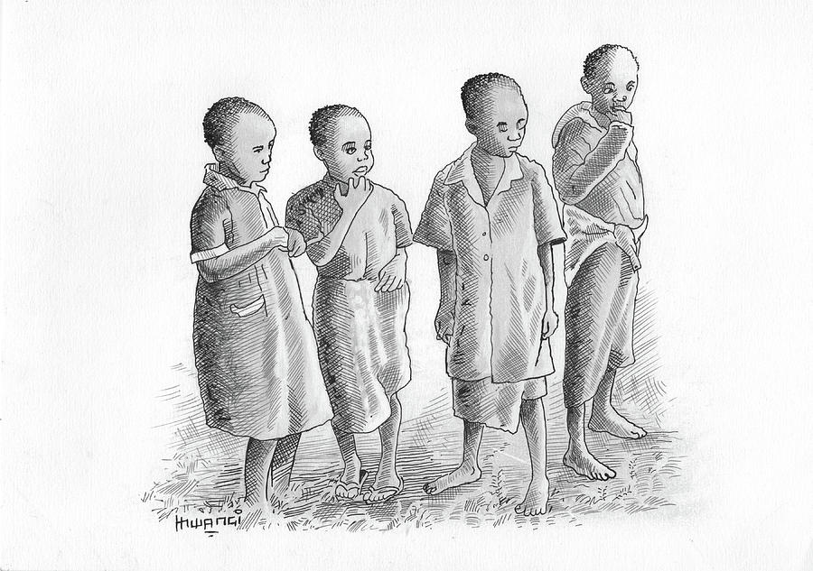 Black And White Mixed Media - Children Together by Anthony Mwangi