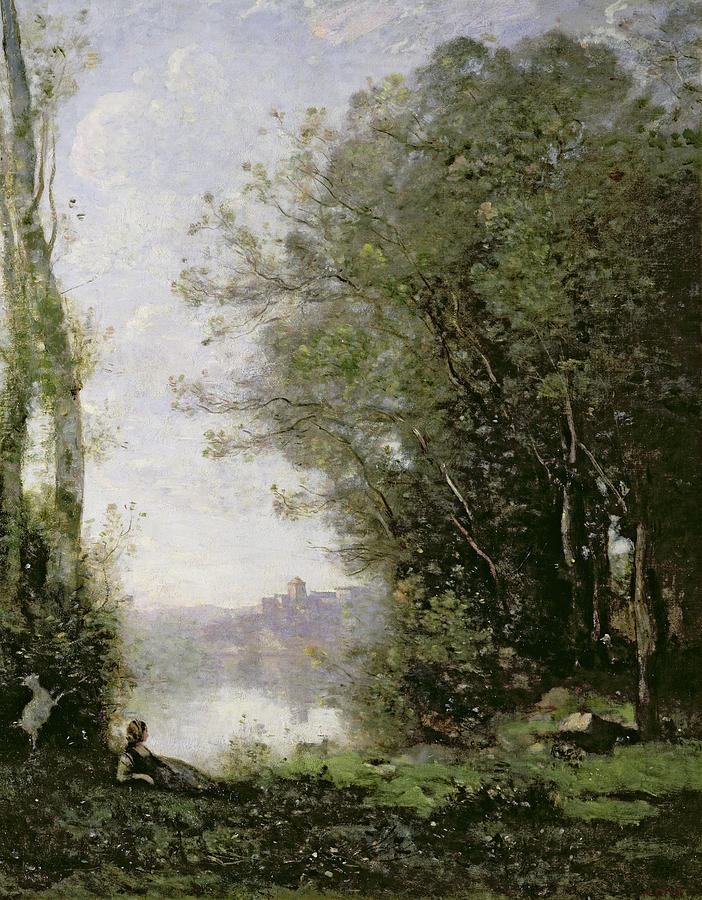 Landscape Painting - The Goatherd beside the Water  by Jean Baptiste Camille Corot