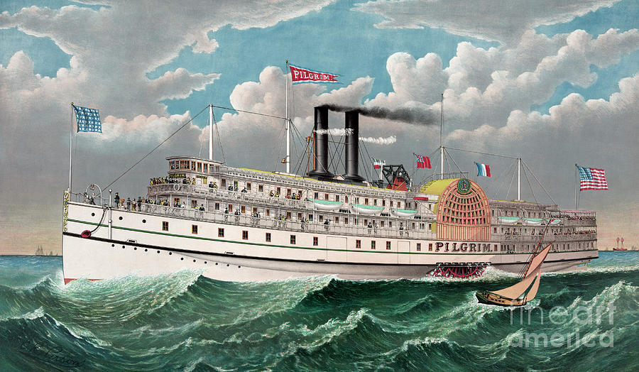 The Grand New Steamboat Pilgrim Painting by Currier and Ives