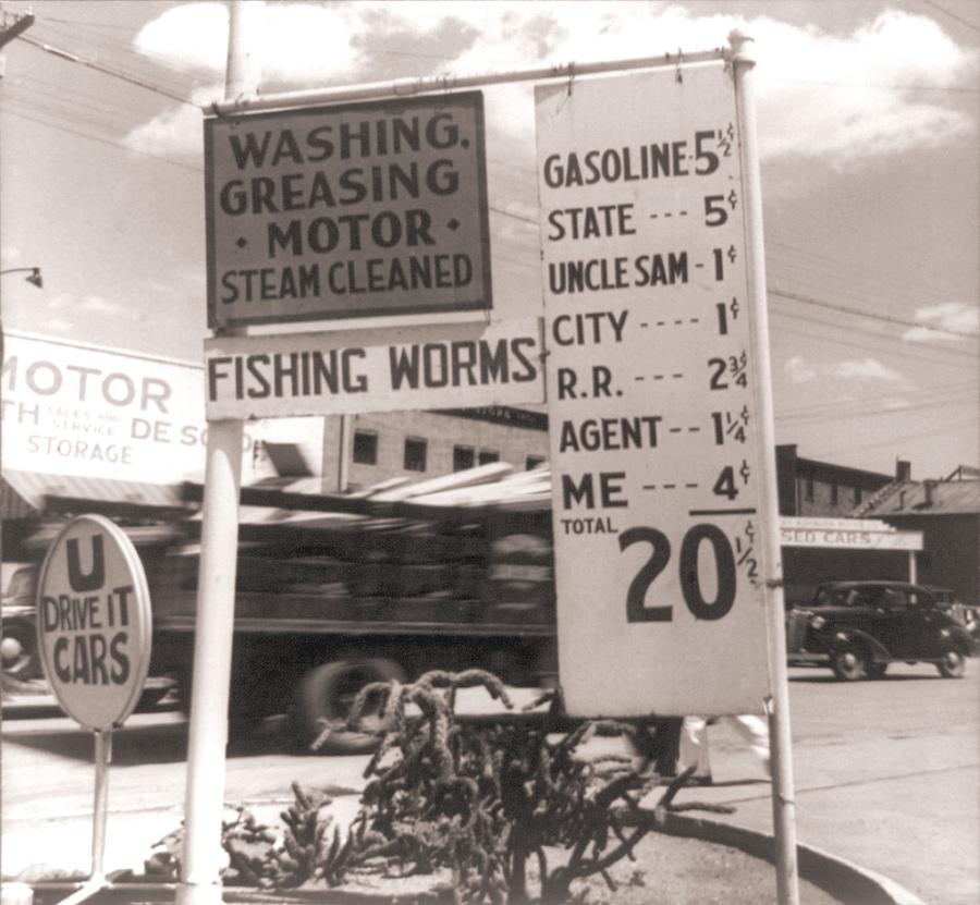 The Great Depression. Gas Station Sign Photograph by Everett