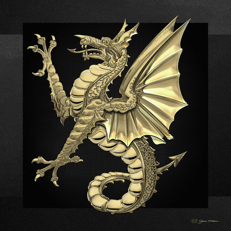 The Great Dragon Spirits - Gold Sea Dragon over Black Canvas Digital Art by Serge Averbukh