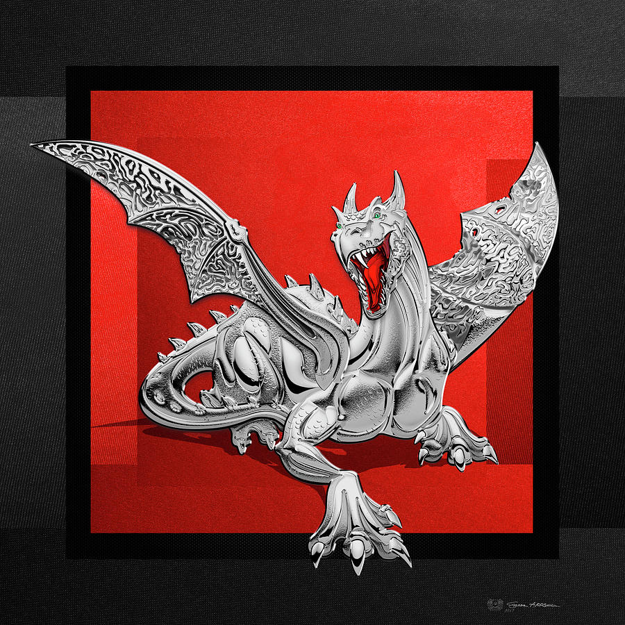 The Great Dragon Spirits - Silver Guardian Dragon on Black and Red Canvas Digital Art by Serge Averbukh