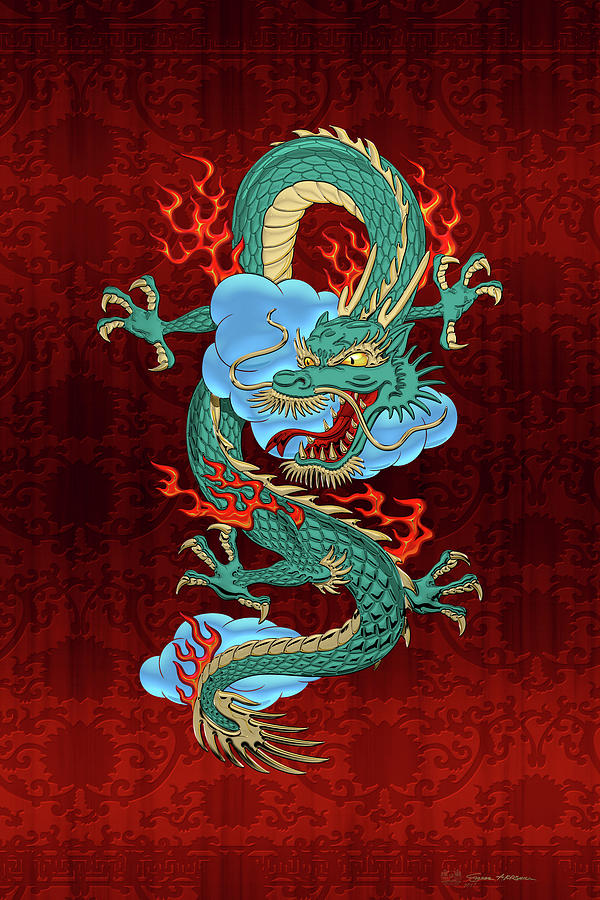 The Great Dragon Spirits - Turquoise Dragon on Red Silk Digital Art by Serge Averbukh