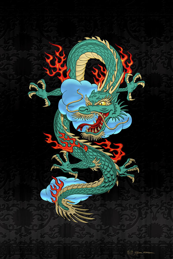 The Great Dragon Spirits - Turquoise Dragon on Black Silk Digital Art by Serge Averbukh