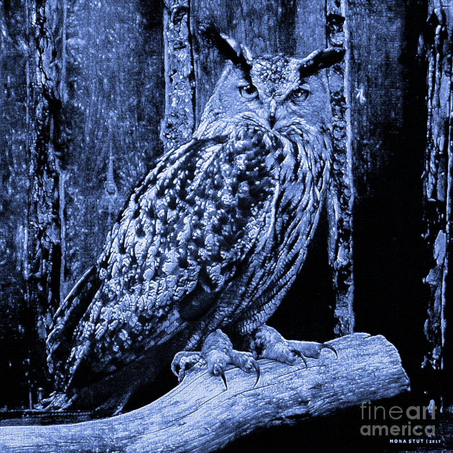 Majestic Great Horned Owl Bubo Bubo Indigo Mixed Media by Mona Stut