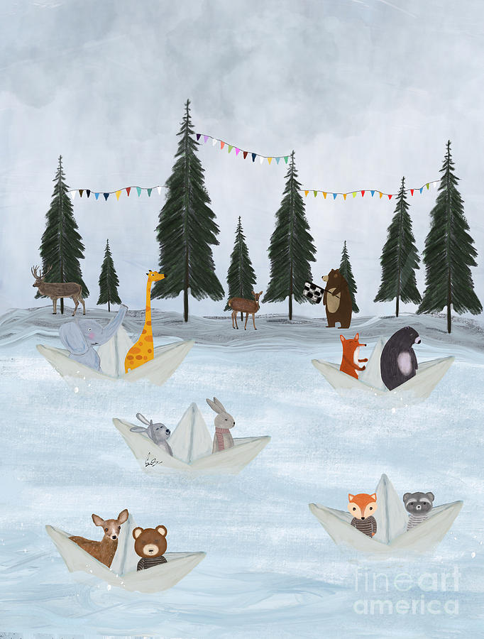 Woodland Painting - The Great Paper Boat Race by Bri Buckley