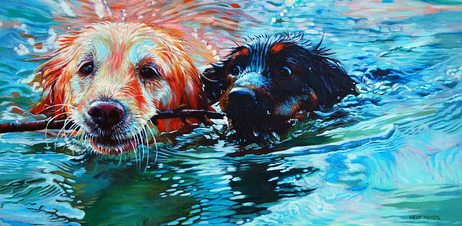Dog Painting - The Great Stick Caper by Kelly McNeil
