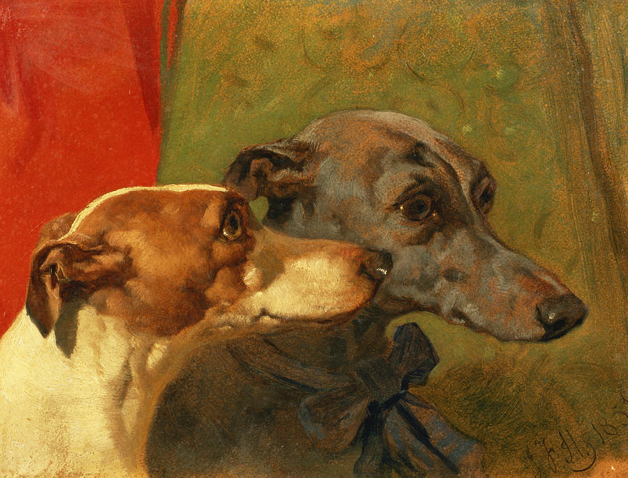 John Frederick Herring Snr Painting - The Greyhounds Charley and Jimmy in an Interior by John Frederick Herring Snr