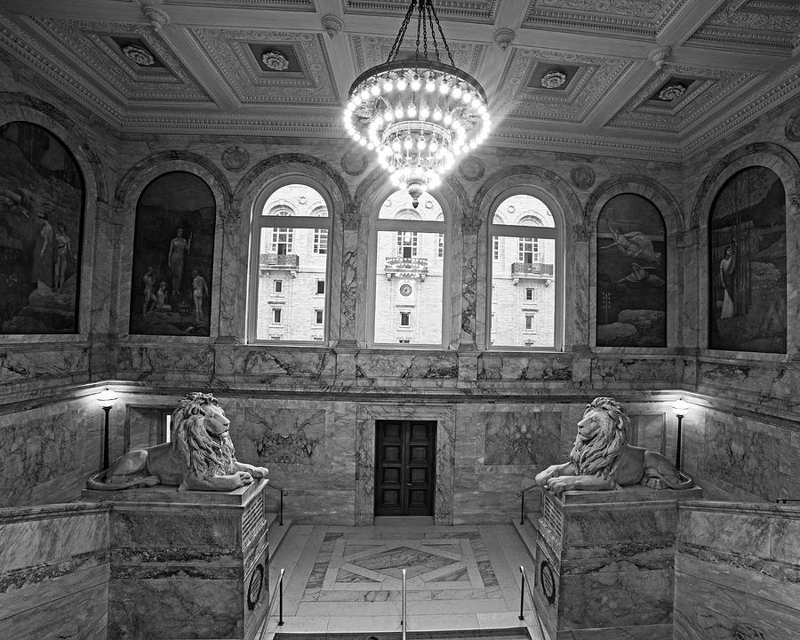 The Guardians Boston Public Library Lion Statues Black and White top Photograph by Toby McGuire
