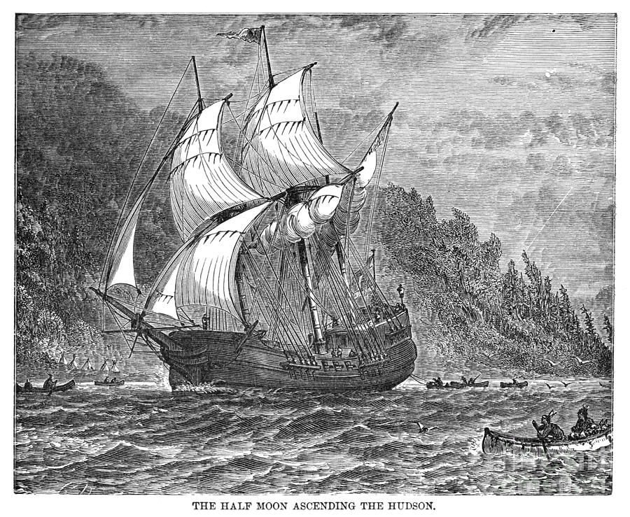 The Half Moon Ascending The Hudson, 1609. Drawing by Granger
