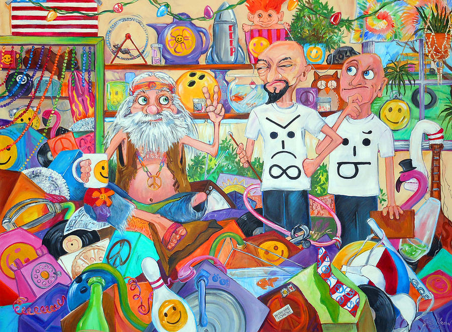 The Happy Hippie Hoarder vs the Evil Emoticons Painting by Judi Krew