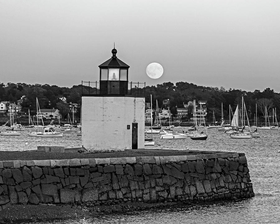 The Harvest Moon Rising on Derby Light Salem MA Black and White Photograph by Toby McGuire