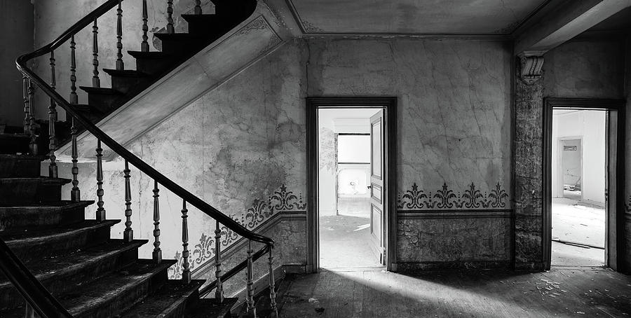 The haunted staircase - abandoned building BW Photograph by Dirk Ercken