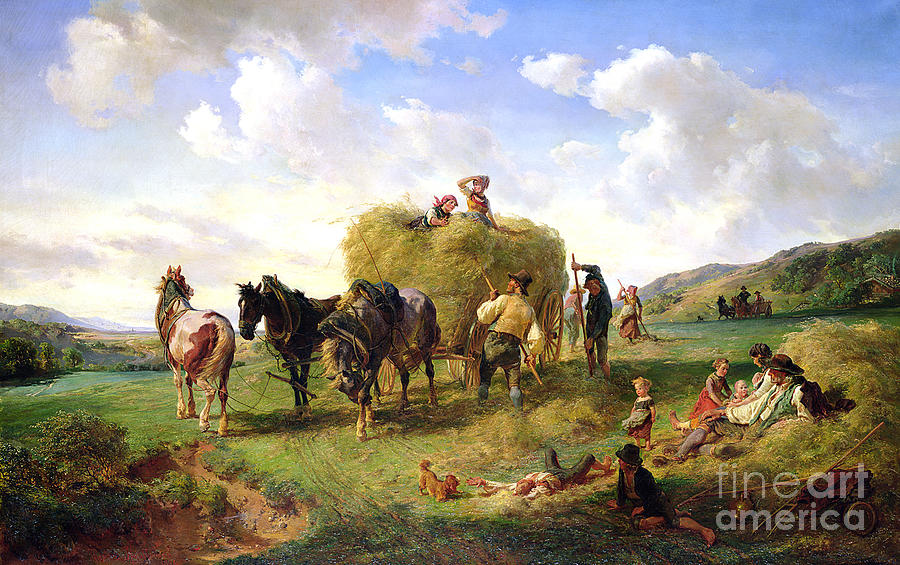 Horse Painting - The Hay Harvest, 1869 by Hermann Kauffmann by Hermann Kauffmann