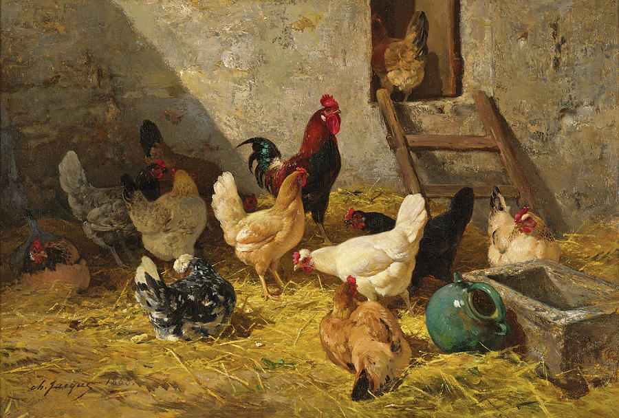 The Hen-Roost Painting by Charles-Emile Jacque