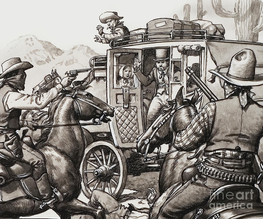Black And White Painting - The hold up of the first stage coach to pass through Palm Springs by Pat Nicolle