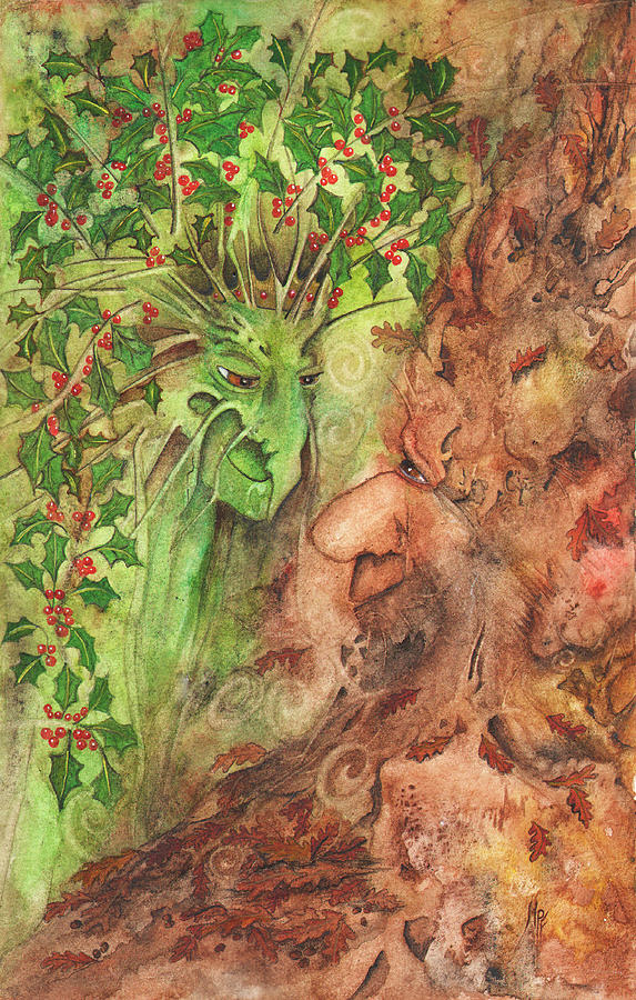Oak Tree Painting - The Holly and the Oak King by Maria Forrester Oak Tree Painting - The Holly and the Oak King by Maria Forrester
