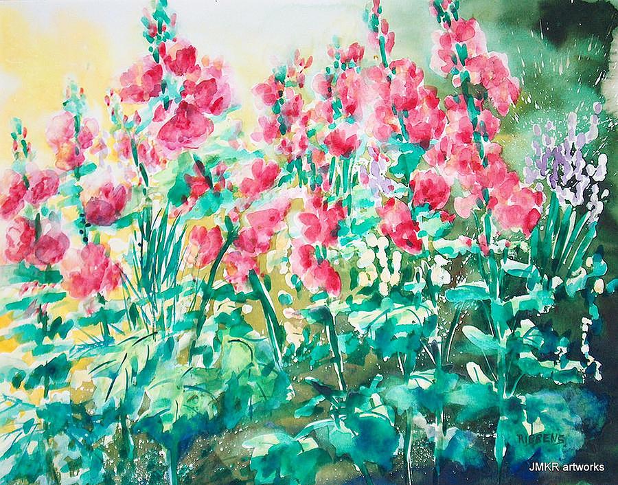 Flowers Painting - The Hollyhock Field by Judith Kerrigan Ribbens Flowers Painting - The Hollyhock Field by Judith Kerrigan Ribbens