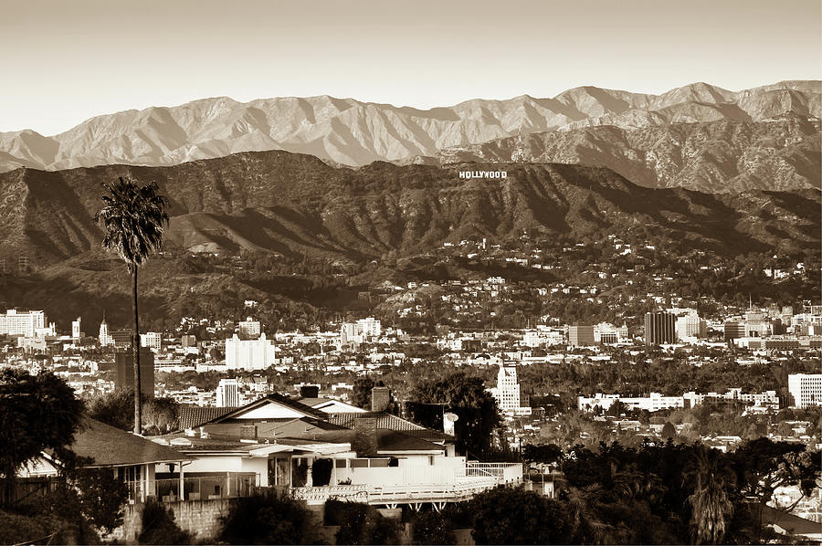 Vintage Photograph - The Hollywood Hills Urban Landscape - Los Angeles California - Sepia by Gregory Ballos