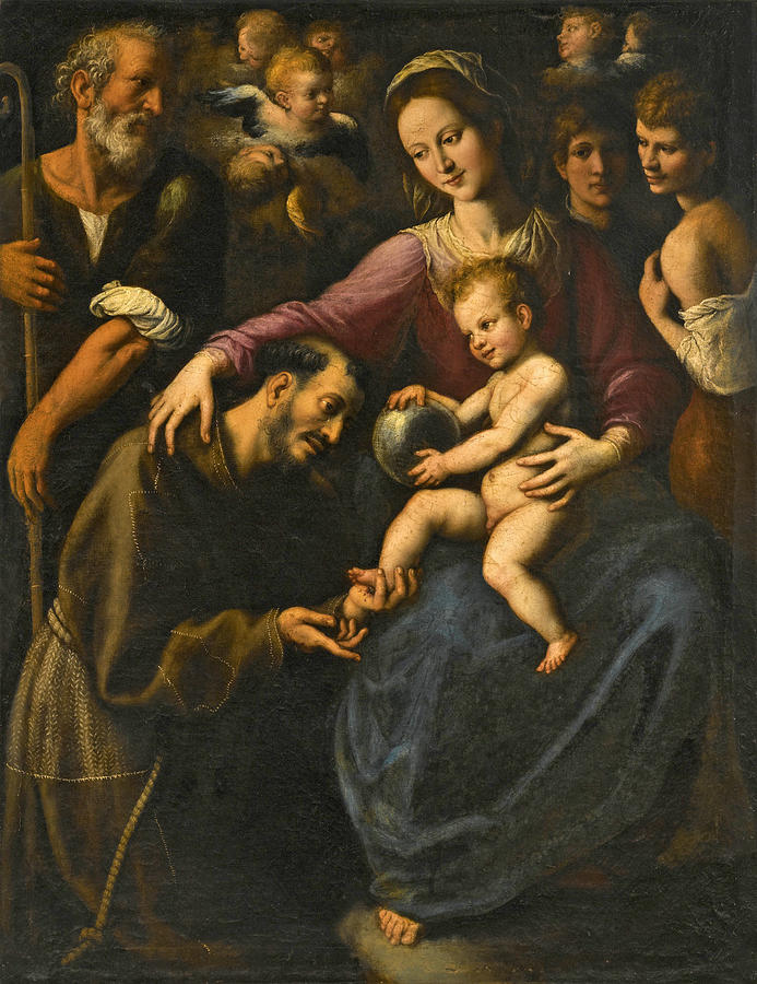 The Holy Family with Saint Francis of Assisi adoring the Christ Child with two Youths and Angels abo Painting by Fabrizio Santafede