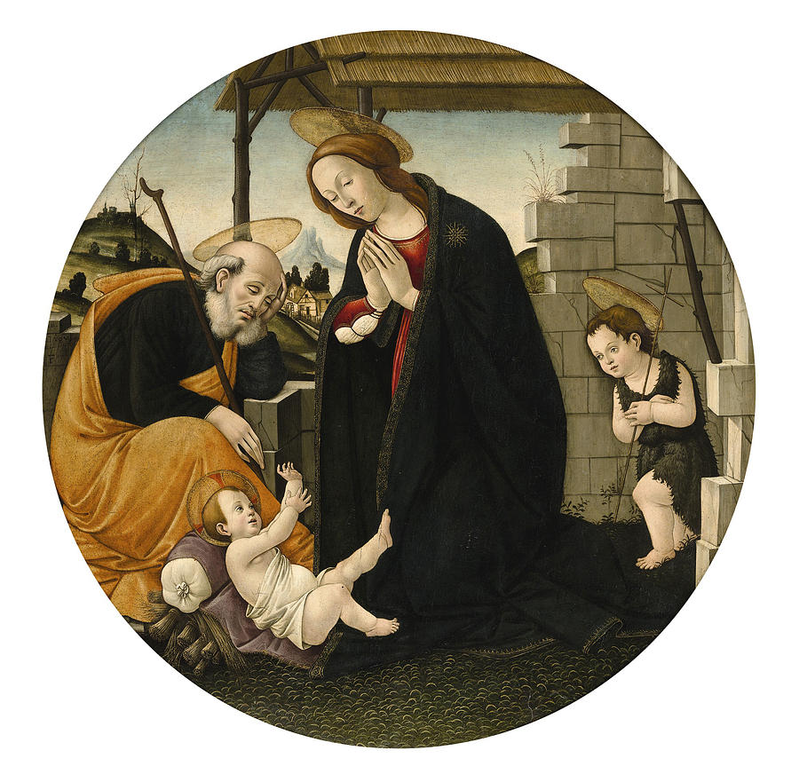 The holy family with saint John the baptist Painting by Entourage de Sandro Botticelli