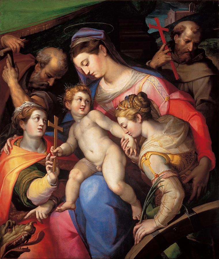 The Holy Family with St Catherine of Alexandria, St Margaret of Antioch and St Francis of Assisi  Painting by Orazio Samacchini