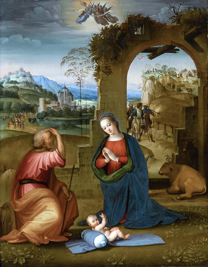 The Holy Family with the Annunciation to the Shepherds beyond Painting by Ridolfo Ghirlandaio