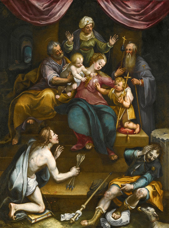 The Holy Family with the Infant Saint John the Baptist and Saint Anne together with Saints Anthony A Painting by Denys Calvaert