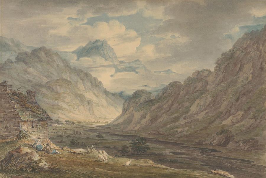 Edward Dayes Drawing - The Honister Pass from Gatesgarth Farm, Gatesgarthdale, Lake District by Edward Dayes