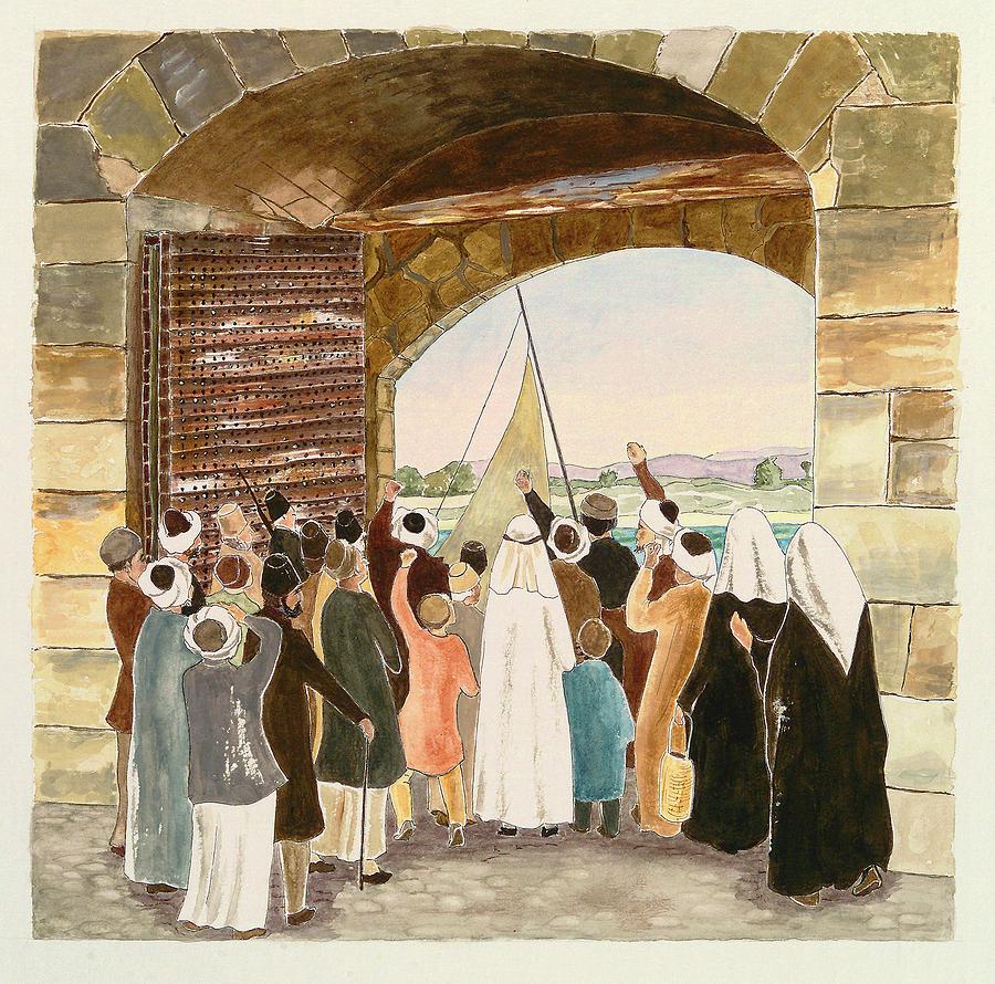 The hostile crowd greets the exiles in Akka, Palestine Painting by Sue Podger