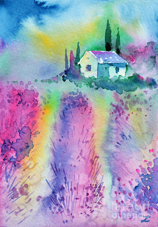 The House by the Lavender Field Painting by Zaira Dzhaubaeva