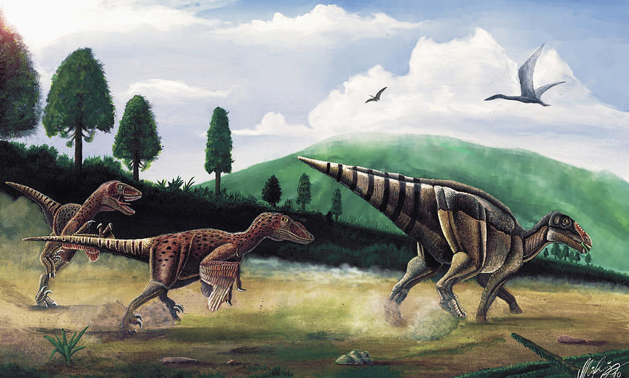 Dinosaurs Painting - The Hunters - Balaur bondoc and Telmatosaurus transylvannicus by Mihai Dumbrava Dinosaurs Painting - The Hunters - Balaur bondoc and Telmatosaurus transylvannicus by Mihai Dumbrava