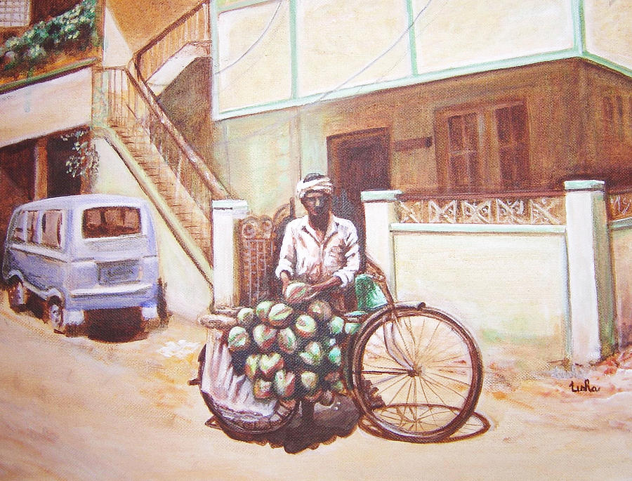 Coconut Painting - The Indian tendor-coconut vendor by Usha Shantharam