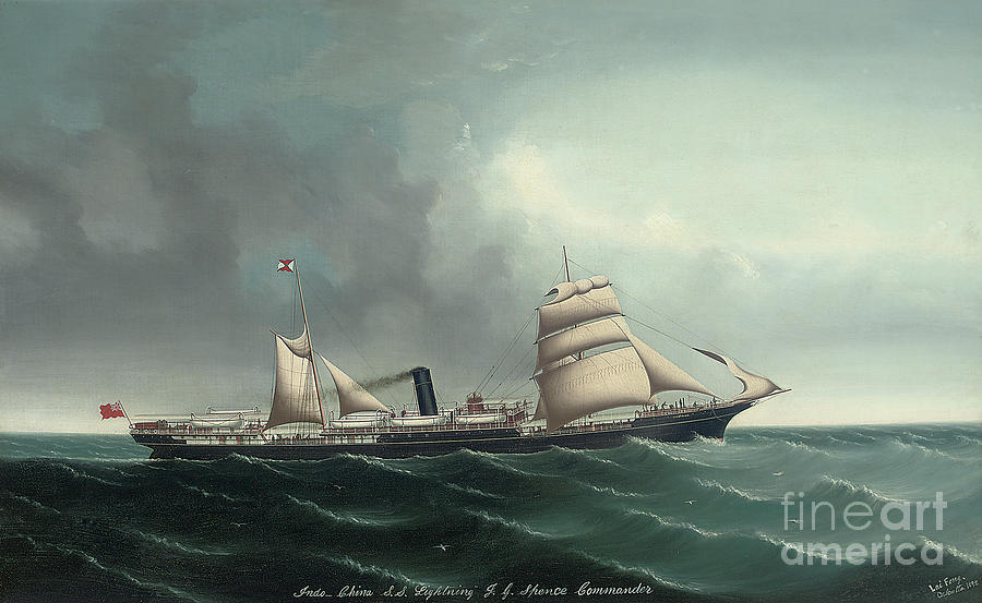 The Indo China steamship Lightning under sail and steam, 1892  Painting by Lai Fong