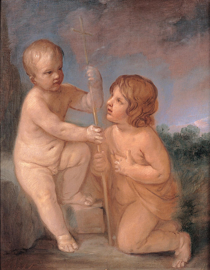 The infant Jesus and Saint John Painting by Guido Reni