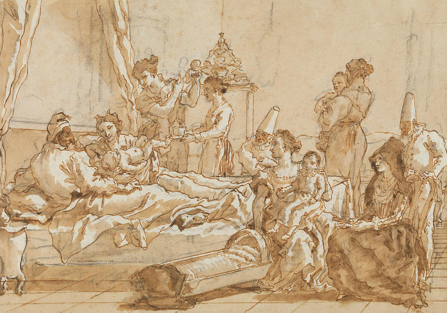 The Infant Punchinello in Bed with His Parents Drawing by Giovanni Domenico Tiepolo