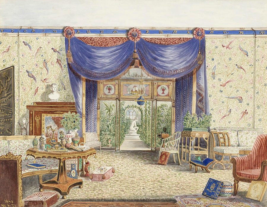 The Interior of the Chinese Room, Looking toward the Conservatory, Middleton Park, Oxfordshire Drawing by William Alfred Delamotte