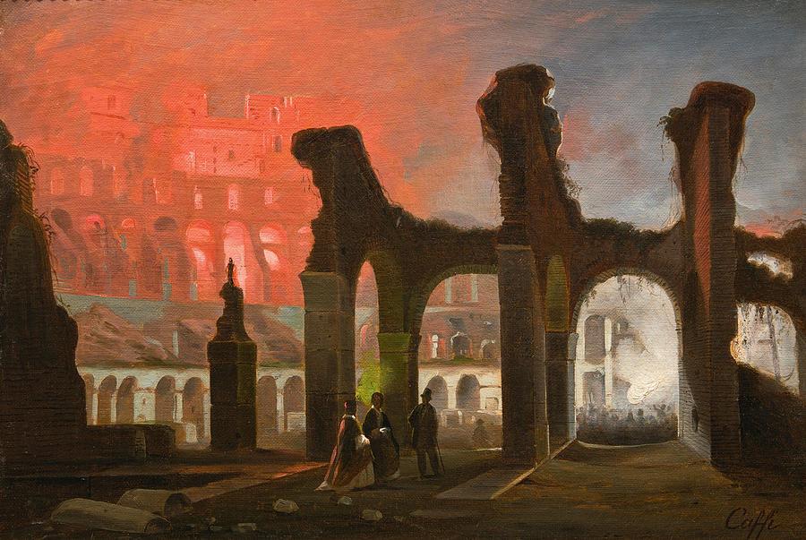 The interior of the Colosseum illuminated by Fireworks Painting by Ippolito Caffi