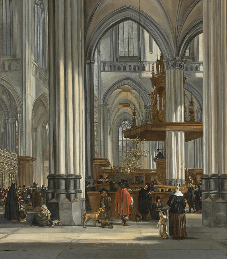 The Interior of the Oude Kerk Amsterdam with a Sermon in Progress Painting by Emanuel de Witte