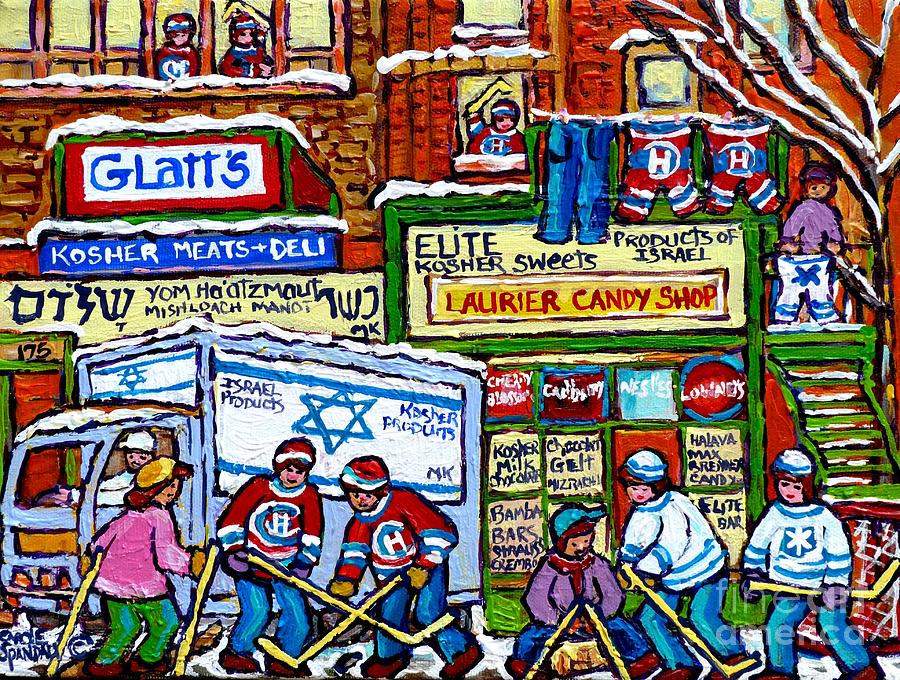 The Jewish Street Kosher Shops Montreal Memories Winter Scene Fun Street Hockey Art Carole Spandau   Painting by Carole Spandau