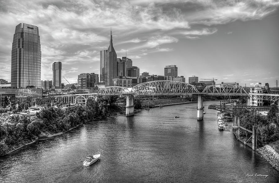 Nashville TN John Seigenthaler Pedestrian Bridge B W Cumberland River Architectural Cityscape Art Photograph by Reid Callaway