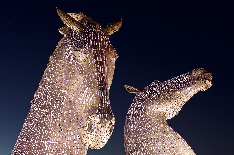 The Kelpies at night Photograph by Stephen Taylor