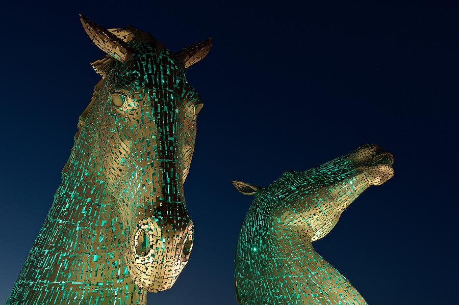The Kelpies lit Green Photograph by Stephen Taylor