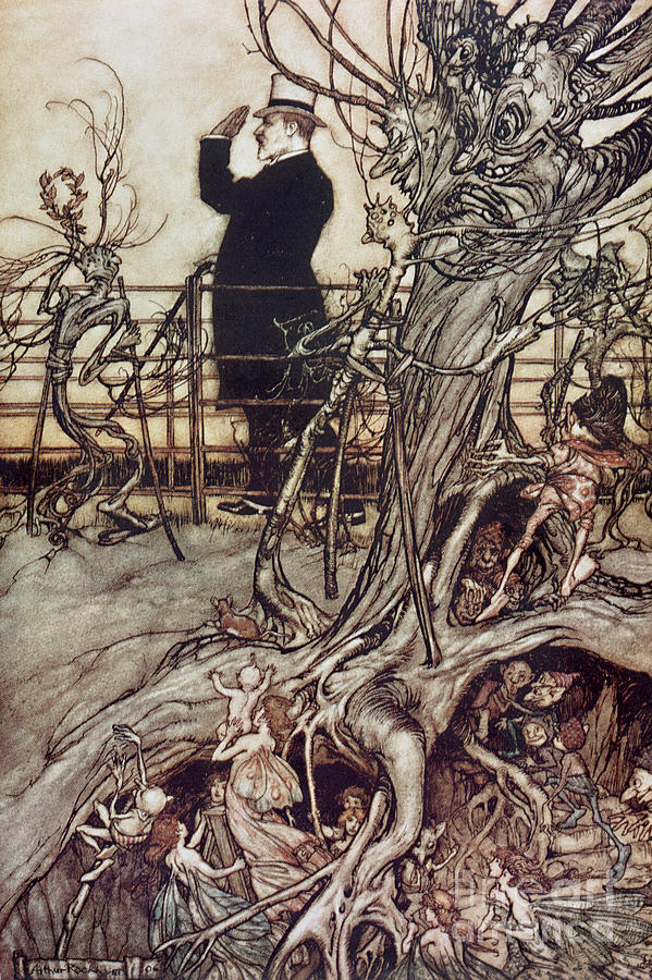 The Kensington Gardens are in London where the King lives Drawing by Arthur Rackham